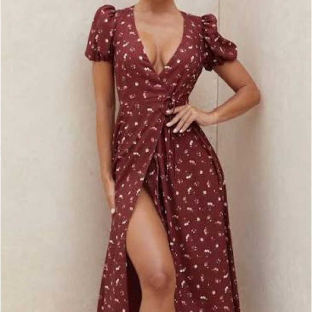 House of CB Justina Wine Floral Wrap Dress